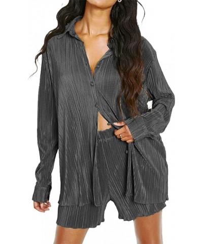 Pleated 2 Piece Outfits for Women Long Sleeve Oversized Button Down Shirt Wide Leg Pants Sets Casual Loungewear Z-dark Grey $...