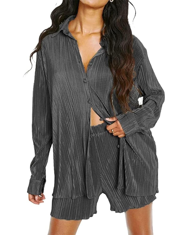 Pleated 2 Piece Outfits for Women Long Sleeve Oversized Button Down Shirt Wide Leg Pants Sets Casual Loungewear Z-dark Grey $...