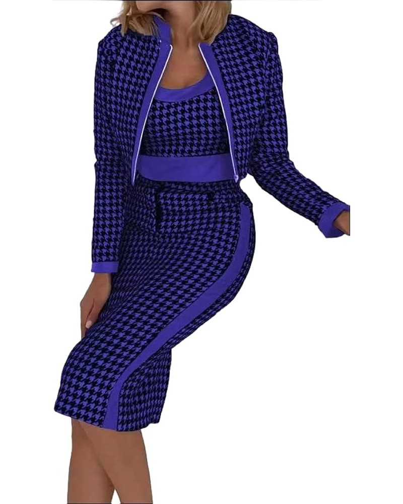 Women Printed 3 Piece Outfits Stretchy Zip Up Long Sleeve Crop Jacket Crewneck Vest Tops with Bodycon Midi Skirt Blue Houndst...