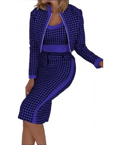 Women Printed 3 Piece Outfits Stretchy Zip Up Long Sleeve Crop Jacket Crewneck Vest Tops with Bodycon Midi Skirt Blue Houndst...