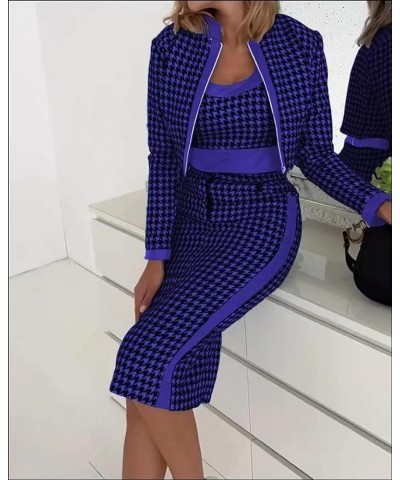 Women Printed 3 Piece Outfits Stretchy Zip Up Long Sleeve Crop Jacket Crewneck Vest Tops with Bodycon Midi Skirt Blue Houndst...