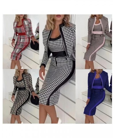 Women Printed 3 Piece Outfits Stretchy Zip Up Long Sleeve Crop Jacket Crewneck Vest Tops with Bodycon Midi Skirt Blue Houndst...