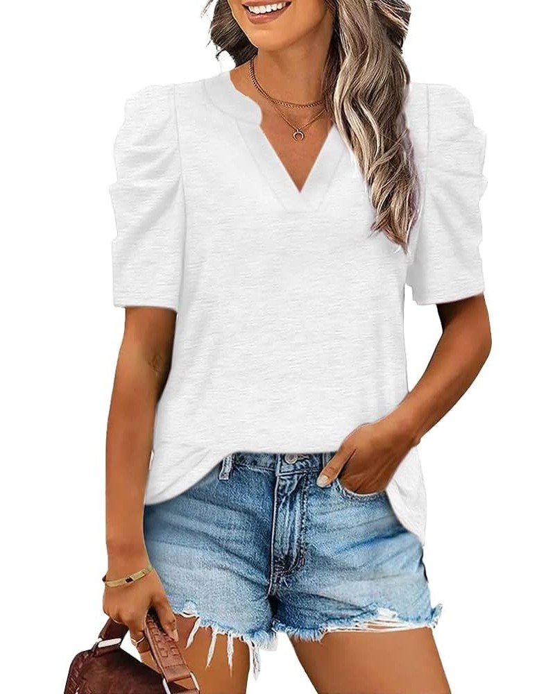 Womens Summer Shirt V Neck Casual Tshirts Puff Sleeve Tops for Women Solid Color Basic Tees White $14.29 Tops