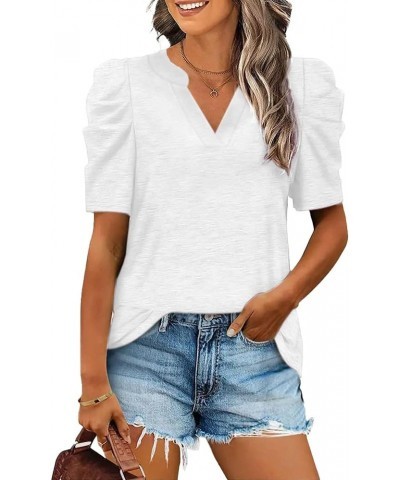 Womens Summer Shirt V Neck Casual Tshirts Puff Sleeve Tops for Women Solid Color Basic Tees White $14.29 Tops