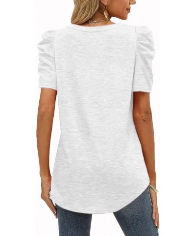 Womens Summer Shirt V Neck Casual Tshirts Puff Sleeve Tops for Women Solid Color Basic Tees White $14.29 Tops