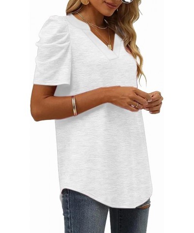 Womens Summer Shirt V Neck Casual Tshirts Puff Sleeve Tops for Women Solid Color Basic Tees White $14.29 Tops