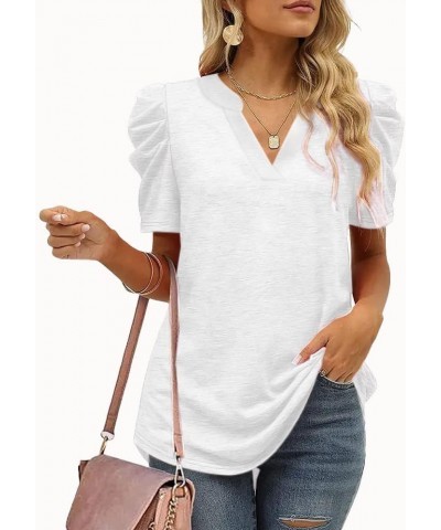 Womens Summer Shirt V Neck Casual Tshirts Puff Sleeve Tops for Women Solid Color Basic Tees White $14.29 Tops