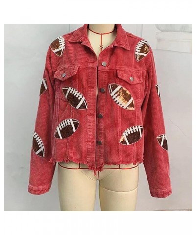 Women’s Cropped Corduroy Jacket Vintage Distressed Football Sequin Patched Shacket Jacket Coat Red $19.80 Jackets