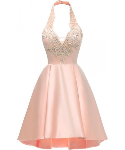 Lace Appliques Short Homecoming Dress for Teens with Pockets Halter Satin Prom Dresses Champagne $31.85 Dresses