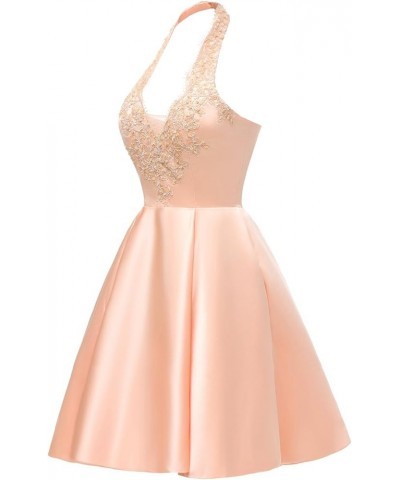 Lace Appliques Short Homecoming Dress for Teens with Pockets Halter Satin Prom Dresses Champagne $31.85 Dresses