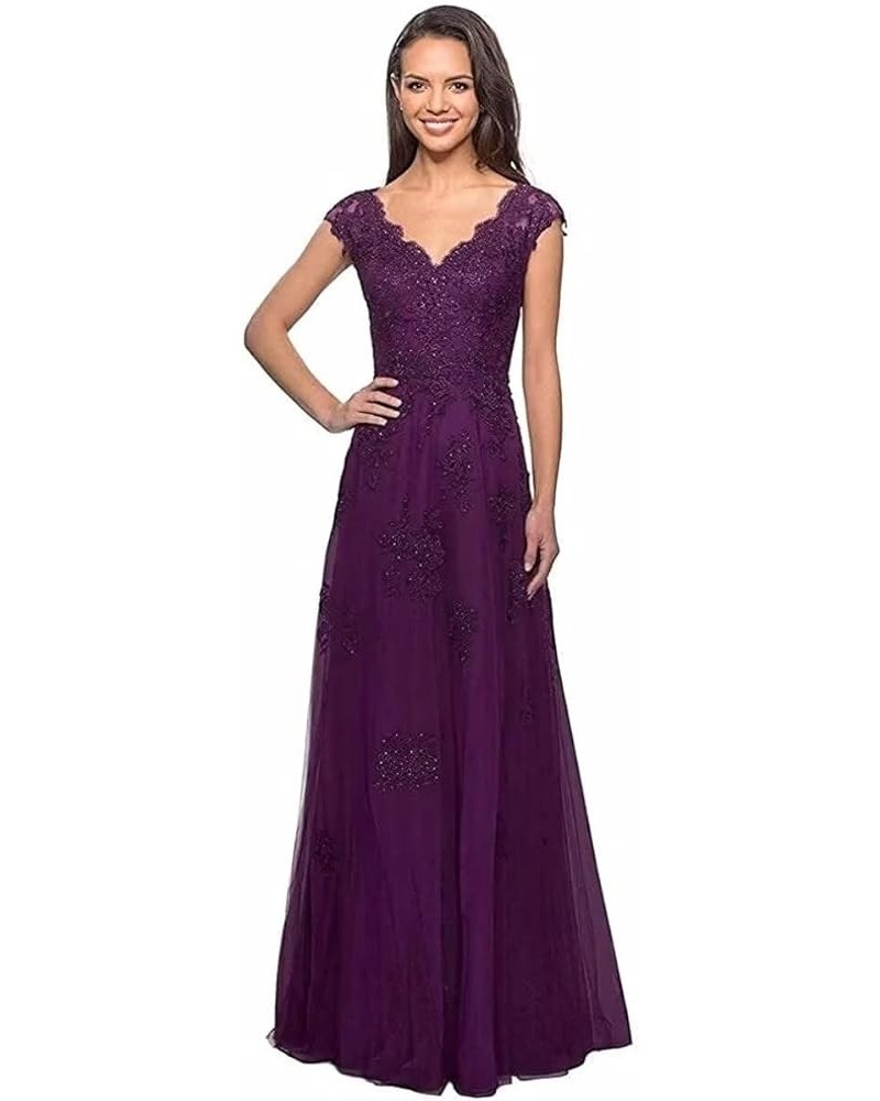 Women's Lace Appliques Mother of The Bride Dresses for Wedding V Neck Cap Sleeves Long Tulle Formal Evening Prom Dress Plum $...