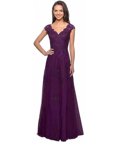 Women's Lace Appliques Mother of The Bride Dresses for Wedding V Neck Cap Sleeves Long Tulle Formal Evening Prom Dress Plum $...