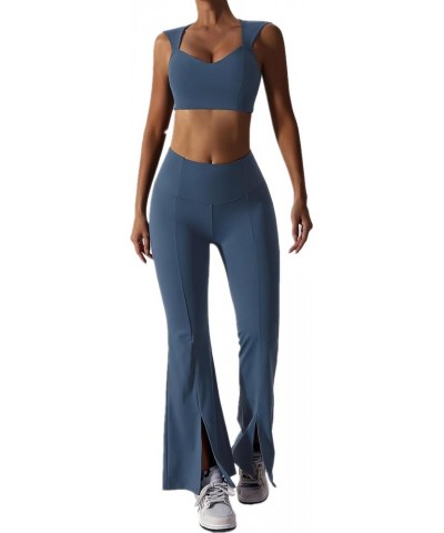 Workout Sets for Women 2 Piece High Waist Flared Leggings Slit Hem V Neck Sports Bra Gym Yoga Outfits 2 Dark Blue $23.39 Acti...