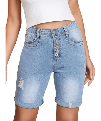 Women's Bermuda Shorts High Waisted Ripped Stretchy Rolled Hem Button Fly Denim Jean Shorts Light Blue $12.40 Shorts