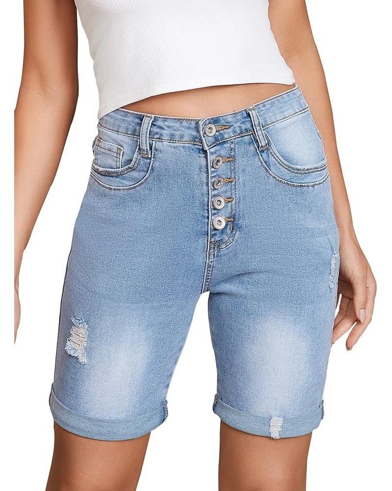 Women's Bermuda Shorts High Waisted Ripped Stretchy Rolled Hem Button Fly Denim Jean Shorts Light Blue $12.40 Shorts