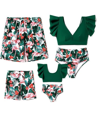 Family Matching Swimsuits Ruffle-Sleeve Two-Piece Tropical Plant Printed Bathing Suit and Swim Trunks Men Flamingo Green $16....