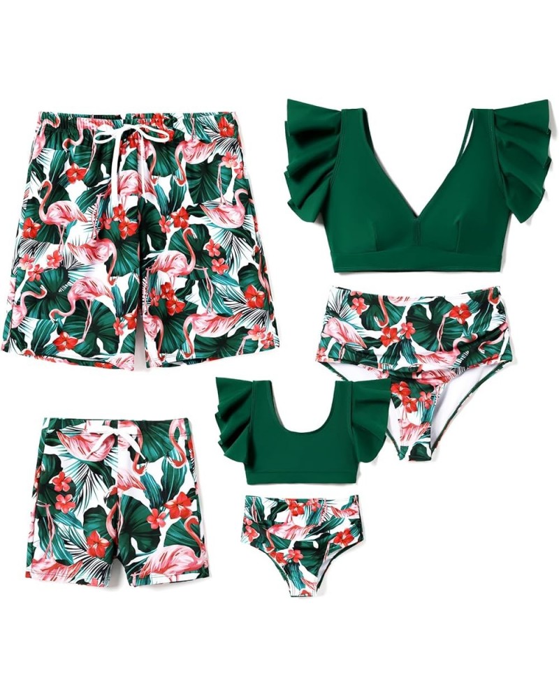 Family Matching Swimsuits Ruffle-Sleeve Two-Piece Tropical Plant Printed Bathing Suit and Swim Trunks Men Flamingo Green $16....