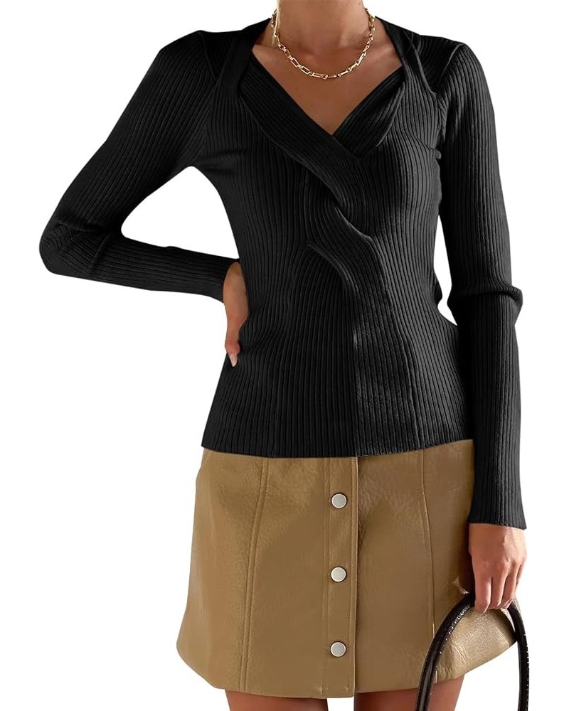 Womens V Neck Wrap Sweaters Sexy Slim Fit Long Sleeve Pullover Sweater Fashion Knit Tight Jumper Black $8.96 Sweaters