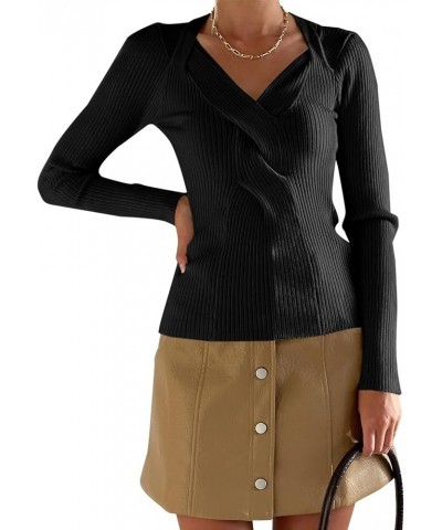 Womens V Neck Wrap Sweaters Sexy Slim Fit Long Sleeve Pullover Sweater Fashion Knit Tight Jumper Black $8.96 Sweaters