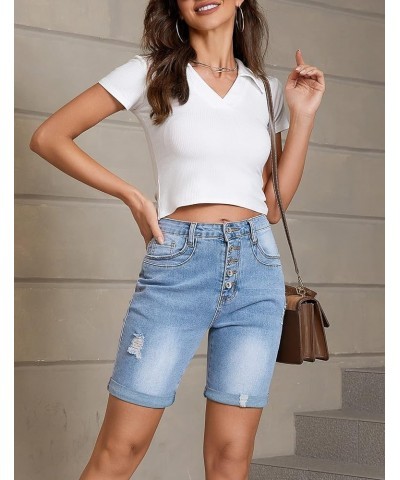 Women's Bermuda Shorts High Waisted Ripped Stretchy Rolled Hem Button Fly Denim Jean Shorts Light Blue $12.40 Shorts