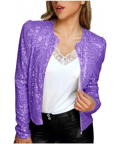 Women's Sequin Long Sleeve Jackets Glitter Open Front Glitter Blazer Lightweight Bomber Jacket Sparkly Coats Purple $9.91 Jac...