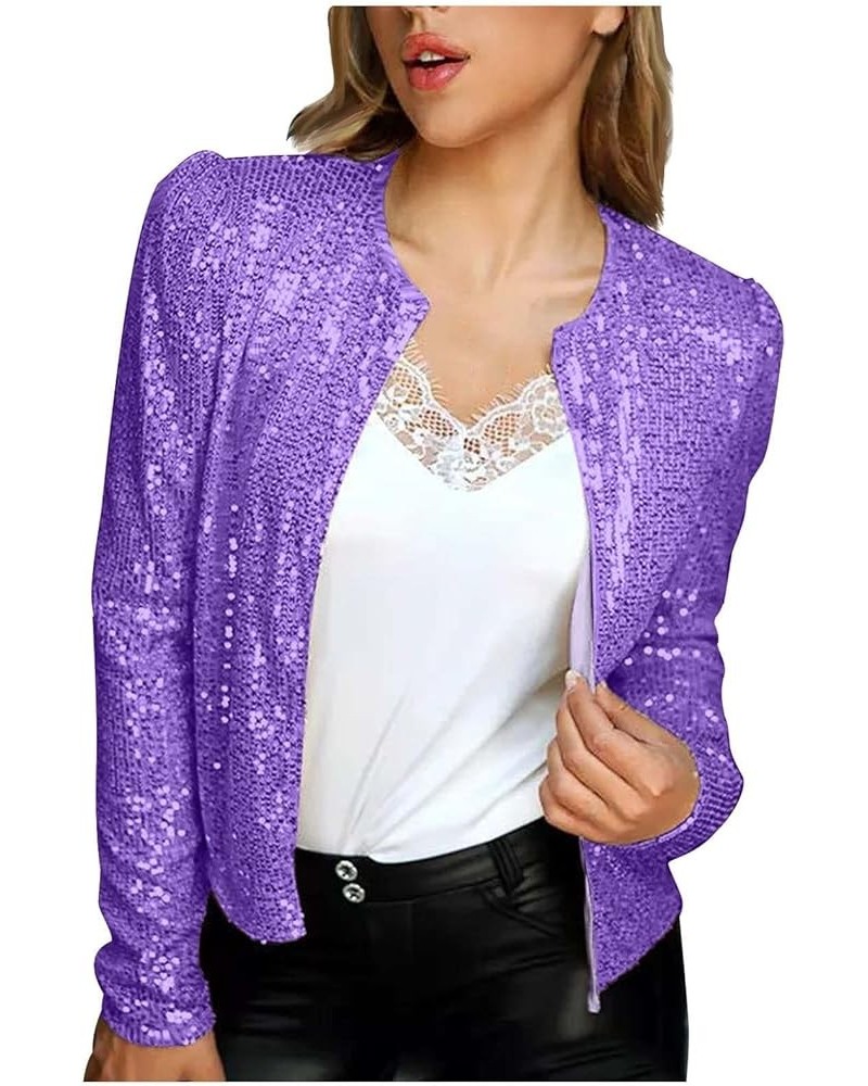 Women's Sequin Long Sleeve Jackets Glitter Open Front Glitter Blazer Lightweight Bomber Jacket Sparkly Coats Purple $9.91 Jac...