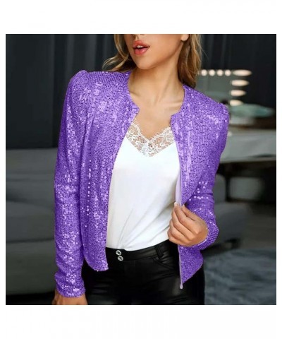 Women's Sequin Long Sleeve Jackets Glitter Open Front Glitter Blazer Lightweight Bomber Jacket Sparkly Coats Purple $9.91 Jac...