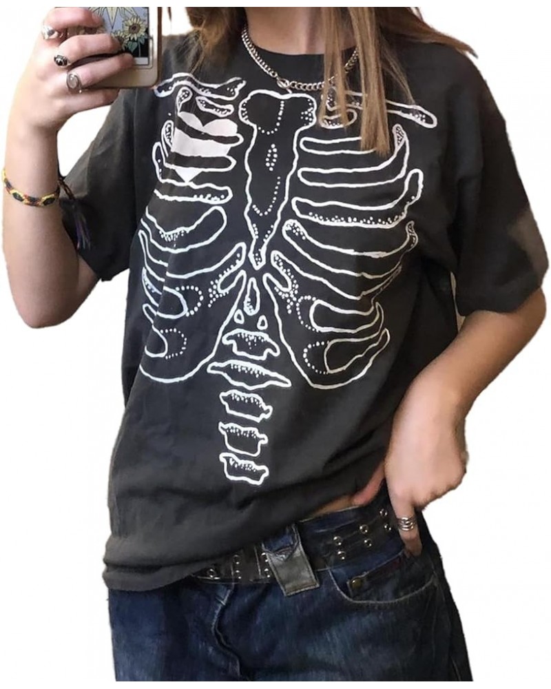 Women Y2K Harajuku Grunge T-Shirt Skull Graphic Short Sleeve Top Halloween Oversized Baggy Pullover Aesthetic Tee C Black $10...