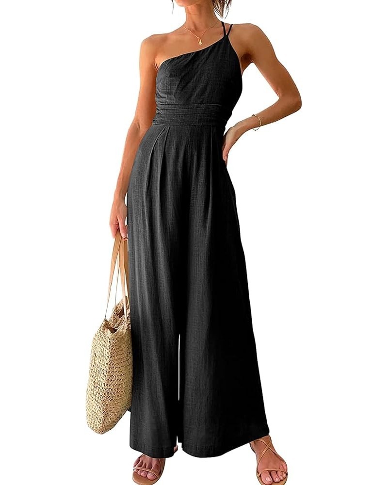 Women High Waist Jumpsuit Romper Sleeveless Straps Off Shoulder Neck Slimming Pleated Wide Leg Trousers Black $10.50 Jumpsuits