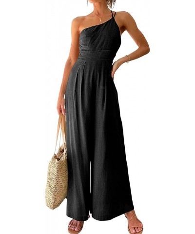 Women High Waist Jumpsuit Romper Sleeveless Straps Off Shoulder Neck Slimming Pleated Wide Leg Trousers Black $10.50 Jumpsuits