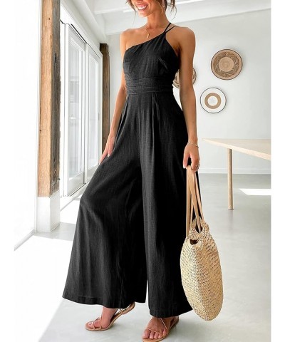 Women High Waist Jumpsuit Romper Sleeveless Straps Off Shoulder Neck Slimming Pleated Wide Leg Trousers Black $10.50 Jumpsuits