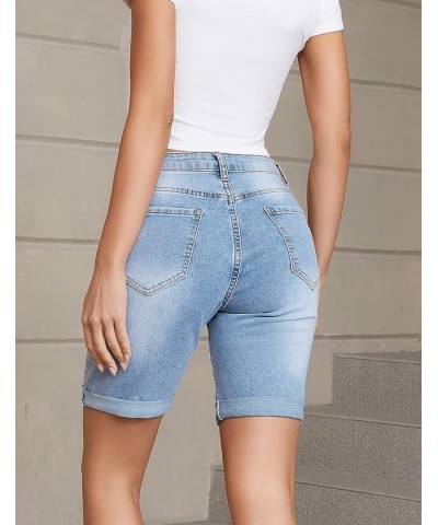 Women's Bermuda Shorts High Waisted Ripped Stretchy Rolled Hem Button Fly Denim Jean Shorts Light Blue $12.40 Shorts