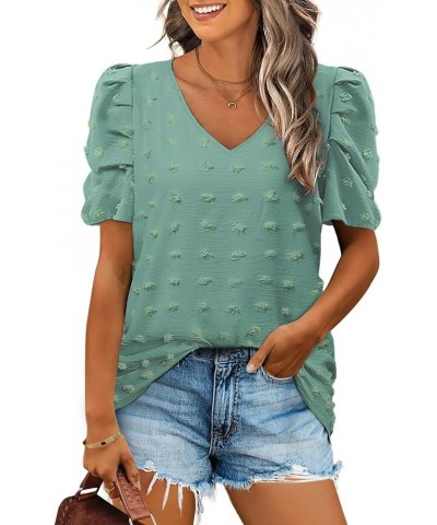 Short Sleeve Tshirts for Women Chiffon V Neck Blouses Cute Puff Sleeve Tops 09-deep Green $10.59 Blouses