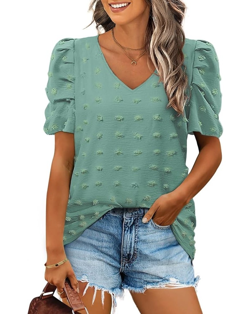 Short Sleeve Tshirts for Women Chiffon V Neck Blouses Cute Puff Sleeve Tops 09-deep Green $10.59 Blouses