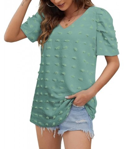 Short Sleeve Tshirts for Women Chiffon V Neck Blouses Cute Puff Sleeve Tops 09-deep Green $10.59 Blouses