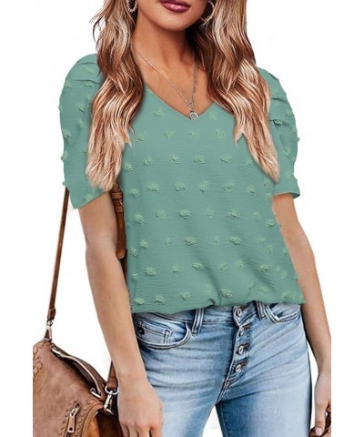 Short Sleeve Tshirts for Women Chiffon V Neck Blouses Cute Puff Sleeve Tops 09-deep Green $10.59 Blouses