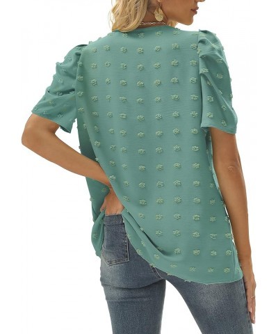 Short Sleeve Tshirts for Women Chiffon V Neck Blouses Cute Puff Sleeve Tops 09-deep Green $10.59 Blouses