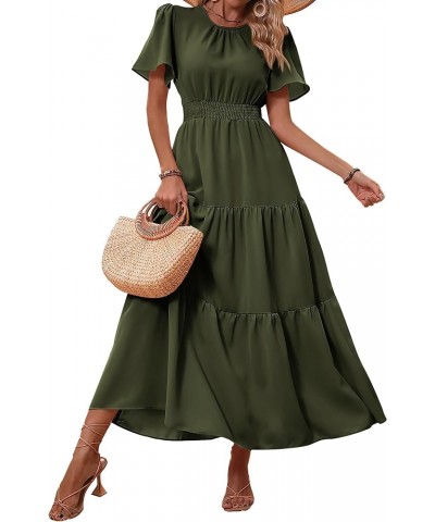 Women's Summer Casual Short Flutter Sleeve Round Neck Smocked Waist Tiered Boho Floral Flowy Maxi Dress Solid Army Green $20....