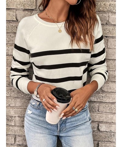 Women's Casual Round Neck Striped Top Raglan Long Sleeve Soft Knit Pullover Sweater Apricot $14.78 Sweaters