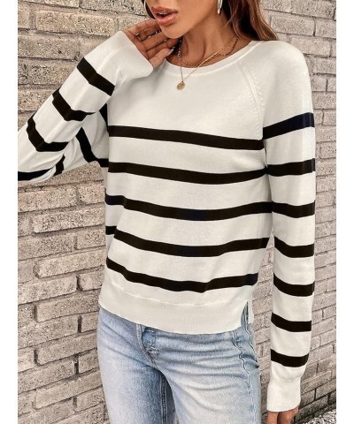 Women's Casual Round Neck Striped Top Raglan Long Sleeve Soft Knit Pullover Sweater Apricot $14.78 Sweaters