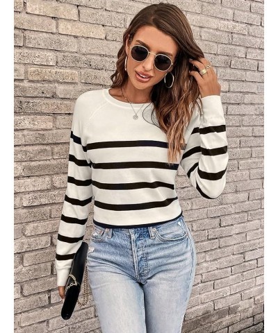 Women's Casual Round Neck Striped Top Raglan Long Sleeve Soft Knit Pullover Sweater Apricot $14.78 Sweaters