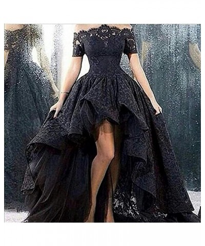 Lace Prom Dress Black Short Sleeve Hi Lo Evening Dress Off The Shoulder Formal Gown Alavender-zipper $42.55 Dresses