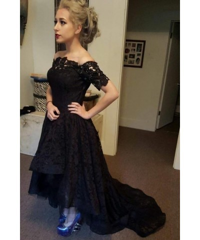 Lace Prom Dress Black Short Sleeve Hi Lo Evening Dress Off The Shoulder Formal Gown Alavender-zipper $42.55 Dresses