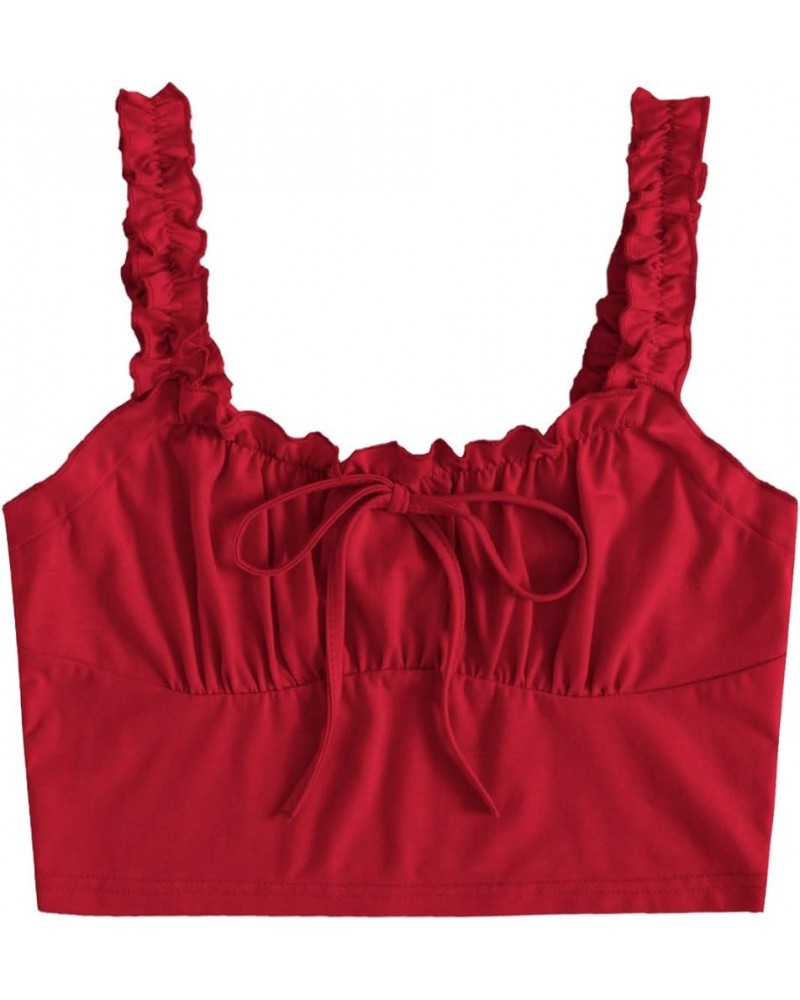 Women's Frill Trim Strap Tie Knot Ruched Front Bustier Crop Top Red $13.19 Tanks