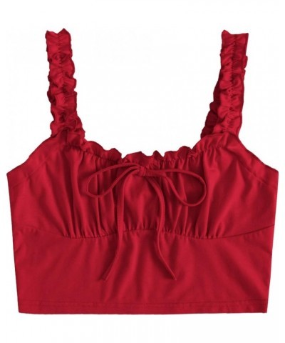 Women's Frill Trim Strap Tie Knot Ruched Front Bustier Crop Top Red $13.19 Tanks