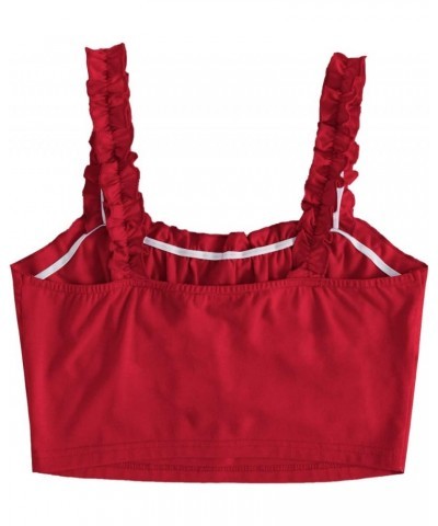 Women's Frill Trim Strap Tie Knot Ruched Front Bustier Crop Top Red $13.19 Tanks