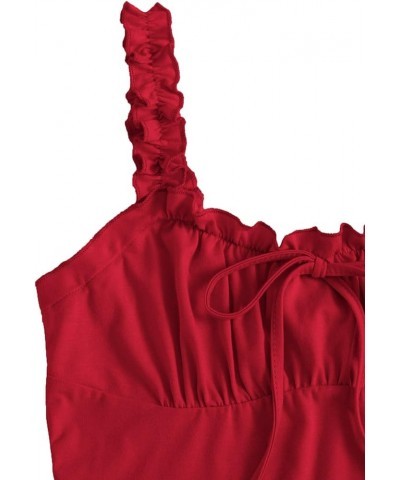 Women's Frill Trim Strap Tie Knot Ruched Front Bustier Crop Top Red $13.19 Tanks