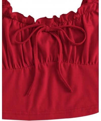 Women's Frill Trim Strap Tie Knot Ruched Front Bustier Crop Top Red $13.19 Tanks