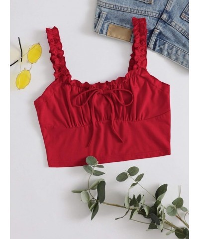 Women's Frill Trim Strap Tie Knot Ruched Front Bustier Crop Top Red $13.19 Tanks