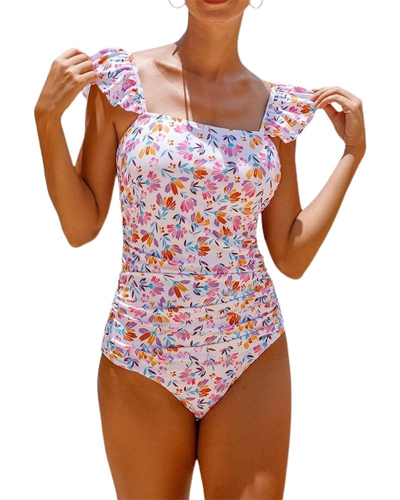 Women's Ruffle Shoulder One Piece Bathing Suit Belted Leopard Color Block Swimsuit White $22.61 Swimsuits